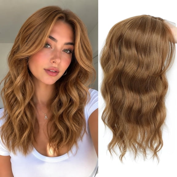 16 Inch Hair Topper for Women with Thinning Hair, Synthetic Curly Wavy Clip-In Topper with Curtain Bangs Natural Looking Crown Coverage Lightweight Hair Piece for Volume(Honey Brown)