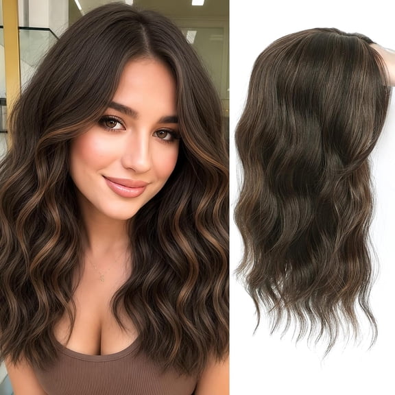 16 Inch Hair Topper for Women with Thinning Hair, Synthetic Curly Wavy Clip-In Topper with Curtain Bangs Natural Looking Crown Coverage Lightweight Hair Piece for Volume(Dark Brown Mixed Chestnut)