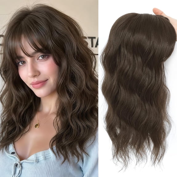 16 Inch Hair Topper for Women with Thinning Hair, Synthetic Curly Wavy Clip-In Topper with Wispy Bangs Natural Looking Crown Coverage Lightweight Hair Piece for Volume(Dark Chestnu Brown)
