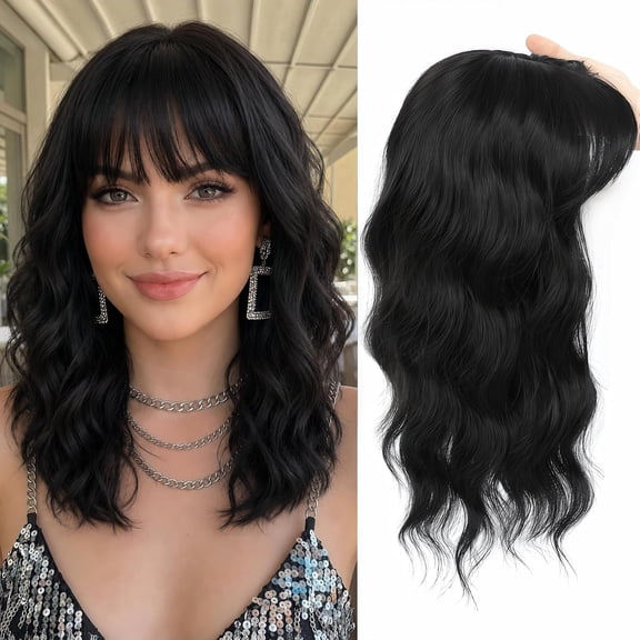 16 Inch Hair Topper for Women with Thinning Hair, Synthetic Curly Wavy Clip-In Topper with Wispy Bangs Natural Looking Crown Coverage Lightweight Hair Piece for Volume(Black)
