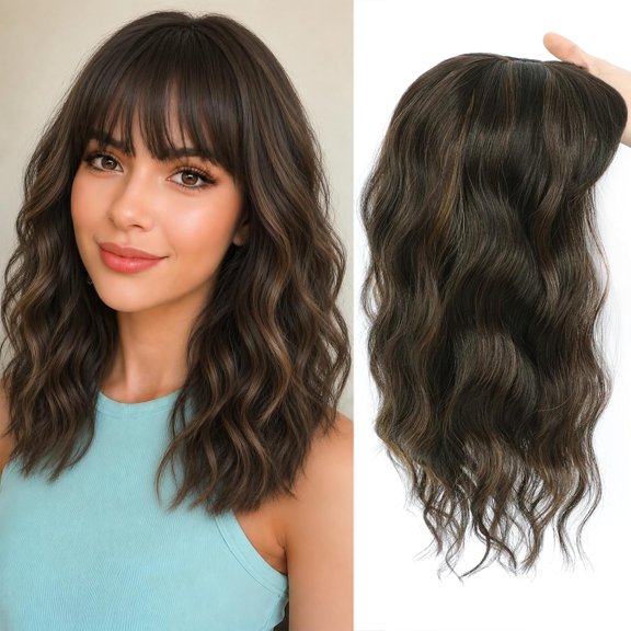 16 Inch Hair Topper for Women with Thinning Hair, Synthetic Curly Wavy Clip-In Topper with Wispy Bangs Natural Looking Crown Coverage Lightweight Hair Piece for Volume(Dark Brown Mixed Chestnut)