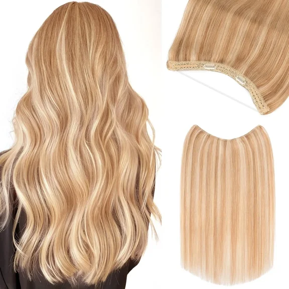 16 Inch Halo Hair Extensions Real Human Hair Invisible Wire Golden Brown Highlights Bleach Blonde
