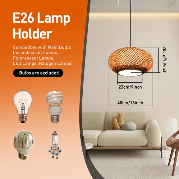 16-Inch Hand-Woven Bamboo Pendant Light with Adjustable Cord Natural Rattan Cage Chandelier for Living Room, Porch, Bedroom