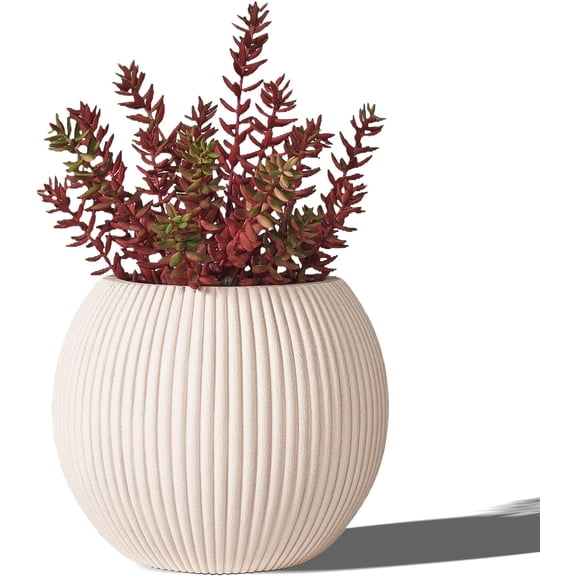 16 Inch Handmade Concrete Outdoor Planter - Classic Striped Design | Fiberglass & Composite Material | Durable for Commercial & Home Decor (Off White, Spherical)