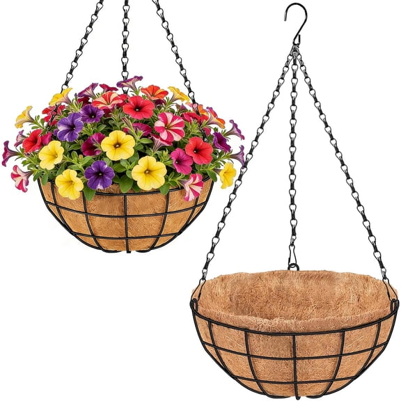 16 Inch Hanging Planters for Outdoor Plants,2 Pack Large Hanging Baskets for Plants Outdoor Metal Hanging Baskets with Thick Coco Coir Liners, Round Flower Pots for Porch Garden Ferns & Petunias