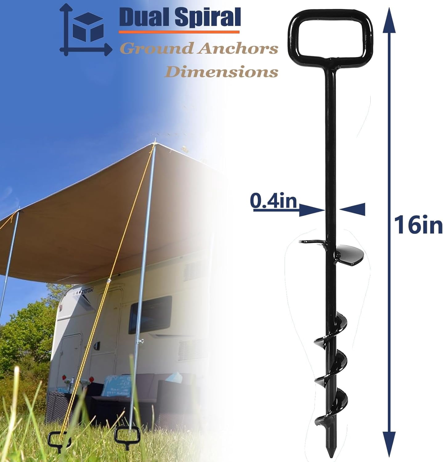 16 Inch Heavy Duty Tent Stakes with 12PCS Screw Ground Anchors and Adapter Kit for Camping, Trampoline, Swing, Mobile Home - Black Alloy Steel