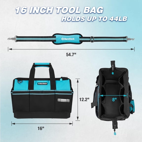 16-Inch Heavy Duty Tool Bag with Waterproof Hard Bottom, Tool Bag Organizer Wide Open Mouth with 18 Pockets, Portable Toolbag for Men Mechanic Electrician Plumber HVAC