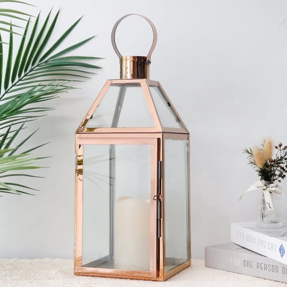 JHY DESIGN Antique Gold Stainless Steel Candle Lantern, Large Outdoor Holder, Tall Decorative Vintage Design