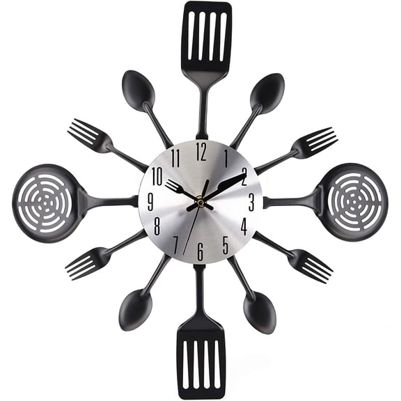 16 Inch Kitchen Wall Clock Large Kitchen Cutlery Wall Clock with Spoons and Forks 3D Removable Modern Creative Wall Decal Wall Sticker Room Home Decoration