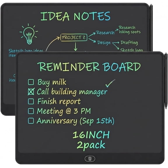 16 Inch LCD Writing Tablet 2 Pack, Large Electronic Notepad for Adults, Reusable Digital Memo Board for Office Desk and Meetings, Erasable Paper Tablet, Battery Operated (Black)