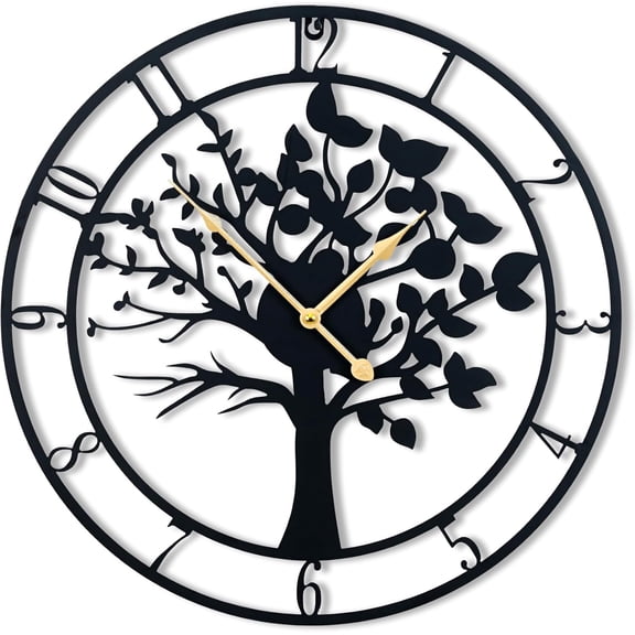 16 Inch Large Metal Wall ClockTree of Life Large Wall Clocks for Living Room Decor,Bedroom,Battery Operated,Black,Decorative Analog,Silent,Non Ticking Big Wall Clock(Tree of Life, 16 inches)