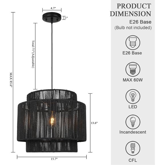 16 Inch Large Natural Simple Hand Weaved Rattan Pendant Lamp, Coastal Beach Black Rope Hanging Pendant Light Fixture for Dining Room Living Room Bedroom Kitchen Foyer