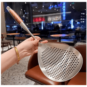 16 Inch Large Slotted Spoon with Long Wooden Handle - 304 Stainless Steel Deep Frying Scoop Skimmer with Hanging Hole for Kitchen Cooking Frying Draining