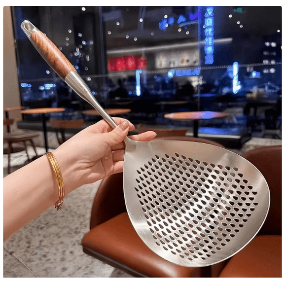 16 Inch Large Slotted Spoon with Long Wooden Handle - 304 Stainless Steel Deep Frying Scoop Skimmer with Hanging Hole for Kitchen Cooking Frying Draining