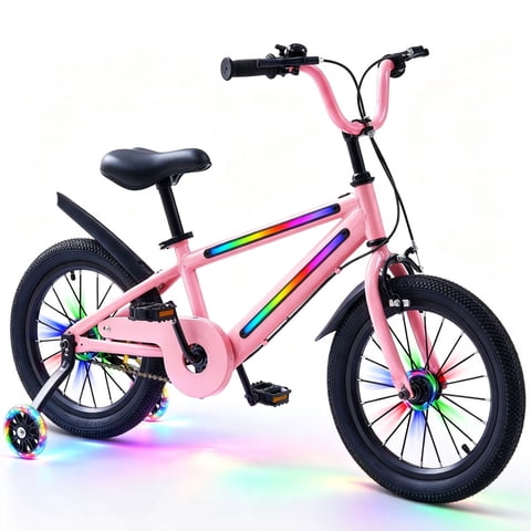 16 Inch Lighted Kids Bike for Boys & Girls,Kids Bicycle with 4 LED Light Modes 8 Colors Frame and Training Wheels for 4-7 Years Old