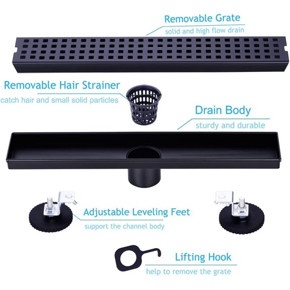16 Inch Linear Bathroom Shower Rectangular Floor Drain,New Type with Removable Cover Grid Grate, Adjustable Leveling Feet Hair Strainer, SUS304 Stainless Steel,Black$$