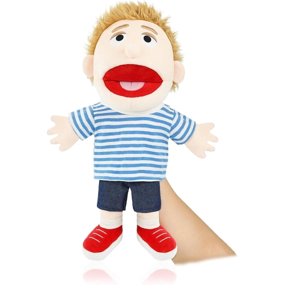 16 Inch Little Boy Plush Hand Puppet With Functional Movable Mouth, Imagination Development Pretend Toy, Preschool Classroom Supply & Easter Basket Stuffer