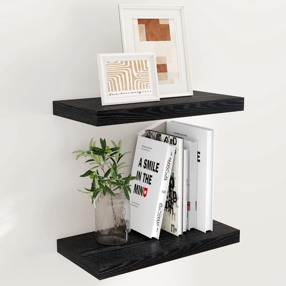 16 Inch Long Floating Shelves in Black, 9.3 Inch Deep Floating Shelf for Wall, Living Room, Kitchen, Rustic Deep Wood Shelves for Bathroom, 2 Pack Storage Display Shelf for Books, Decor