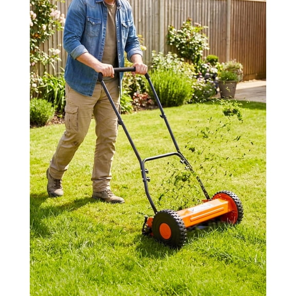 16-Inch Manual Push Grass Cutter, Adjustable Cutting Height, Lightweight & Compact, Easy Assembly for Small/Medium Yards – Red