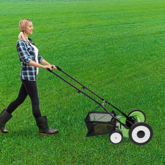 16-Inch Manual Reel Lawn Mower 4 Wheel w/Adjustable Cutting Height Grass Catcher