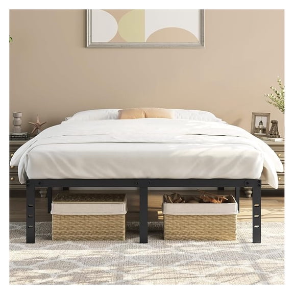16 Inch Metal Platform Queen Size Bed Frame with Sturdy Slat Support& Holes for DIY Headboard/Easy Assembly/Storage Space/No Box Spring Needed, Black