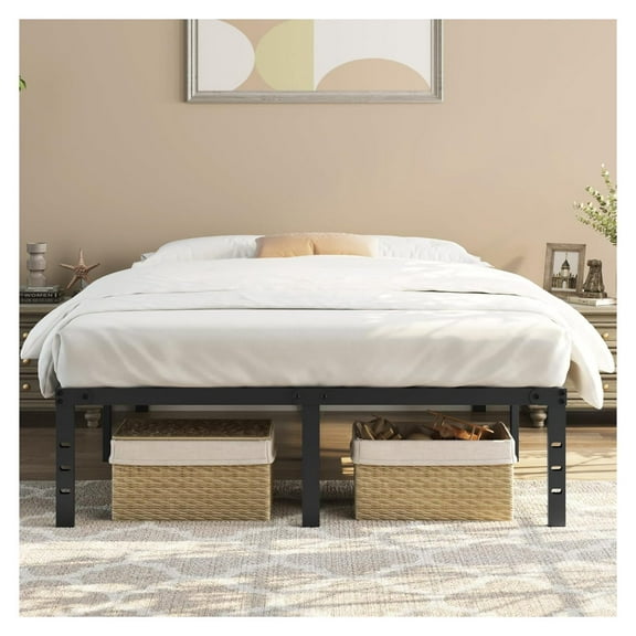 16 Inch Metal Platform Queen Size Bed Frame with Sturdy Slat Support& Holes for DIY Headboard/Easy Assembly/Storage Space/No Box Spring Needed, Black