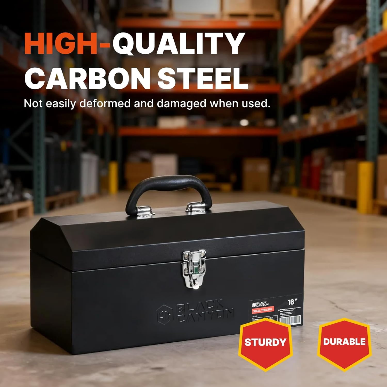 16 Inch Metal Tool Box, Portable Carbon Steel Toolbox with Padlockable Design for Mechanics and