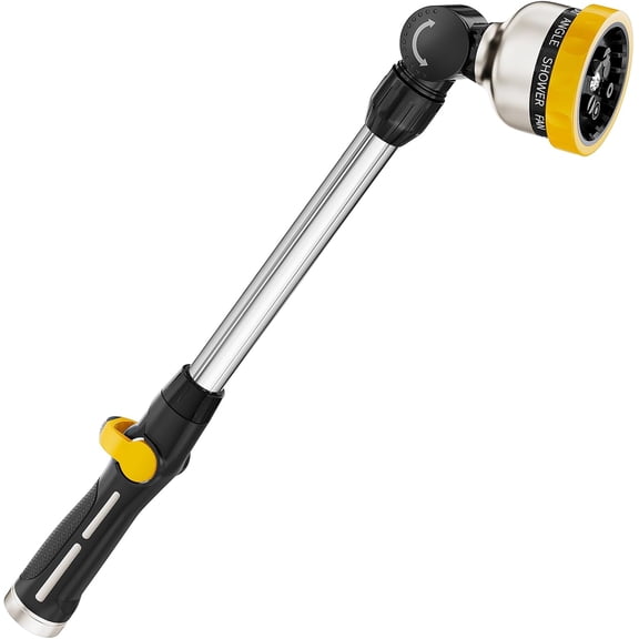 16-Inch Metal Watering Wand, Heavy Duty Garden Hose Wand with 9 Spray Patterns, 180 Rotating Long Hose Nozzle Sprayer Thumb Flow Control, Ideal to Water Hanging Baskets and Shrubs - Yellow