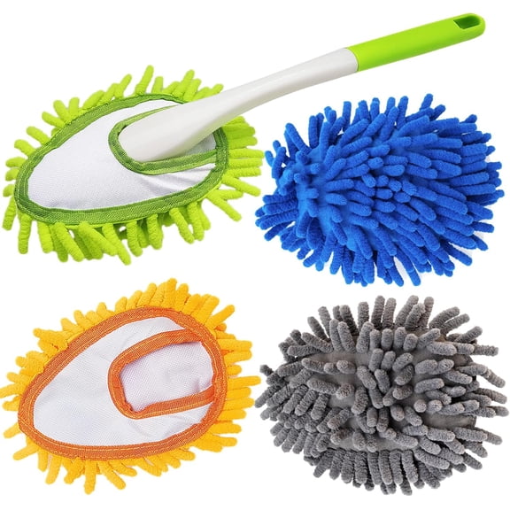 16 Inch Microfiber Duster Kit with 4 Pcs Duster Head, Feather Dsters, Washable and Reusable Duster, Wet and Dry Use, Cleaning Tools for Car,Office,Household