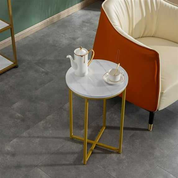 16 Inch Modern Round Faux Marble Top Coffee Table with X Base, White and Gold