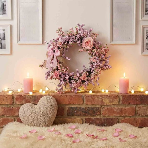 16 Inch Mom's Day Heart Wreath Spring/Summer Pink Rose Wreath with Sign for Front Door Garden Party Home Wall Wedding Decor