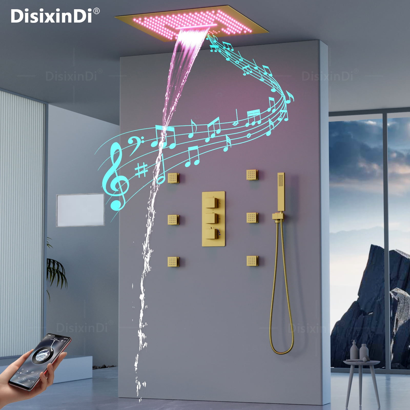16 Inch Music Ceiling Rain Brushed Gold Shower Head with Handheld Spray ...