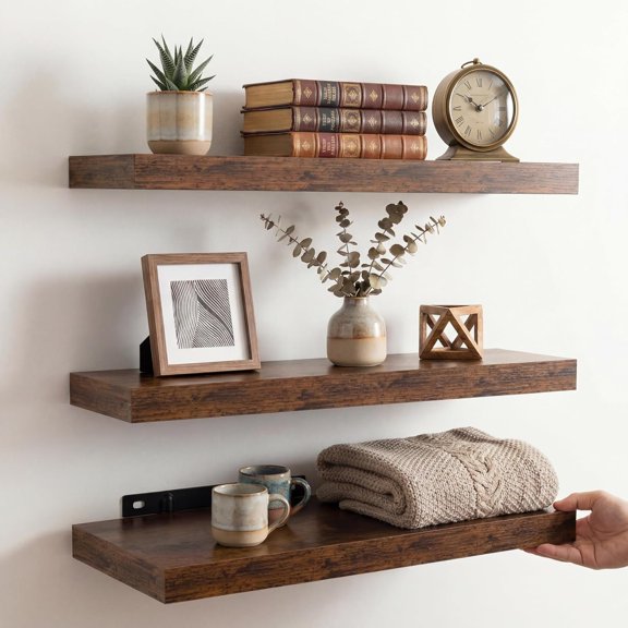 16 Inch Oak Floating Shelves Set of 3, Brown Wall Mounted Shelves with Brackets, Thin Floating Shelves for Wall Decor, Kitchen Bathroom Bedroom Office