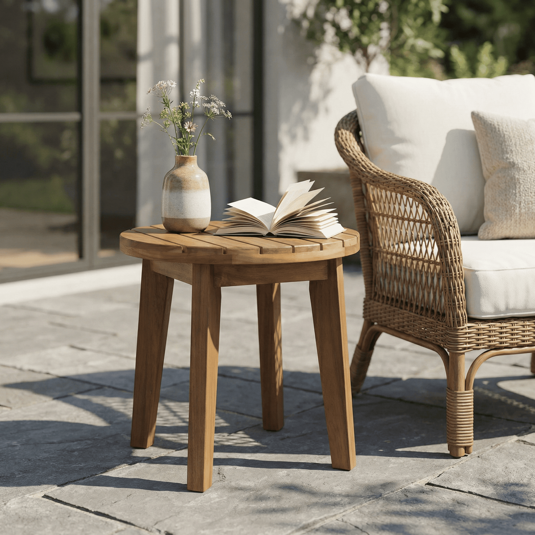 16 Inch Outdoor Acacia Wood Side Table with Teak Finish, Rustic Slat Top Patio End Table, Weather Resistant Solid Wood Side Table for Backyard Garden Porch
