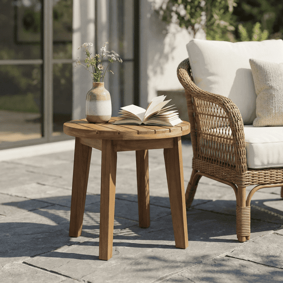 16 Inch Outdoor Acacia Wood Side Table with Teak Finish, Rustic Slat Top Patio End Table, Weather Resistant Solid Wood Side Table for Backyard Garden Porch