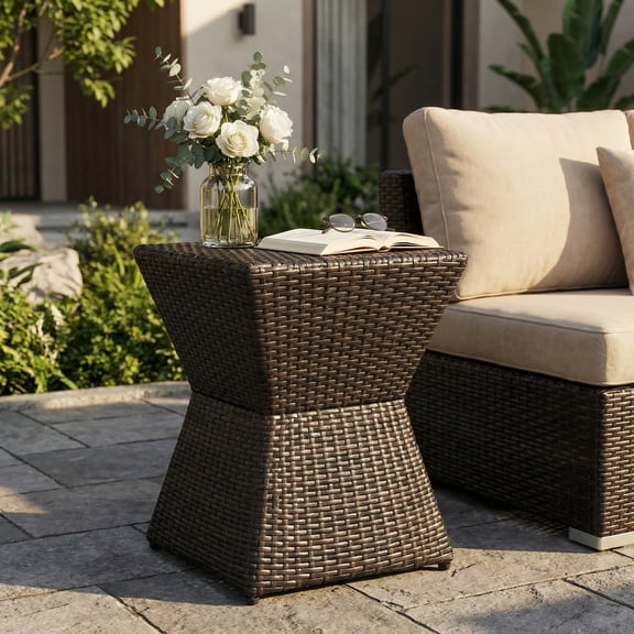 16-Inch Outdoor Wicker End Table with Iron Frame