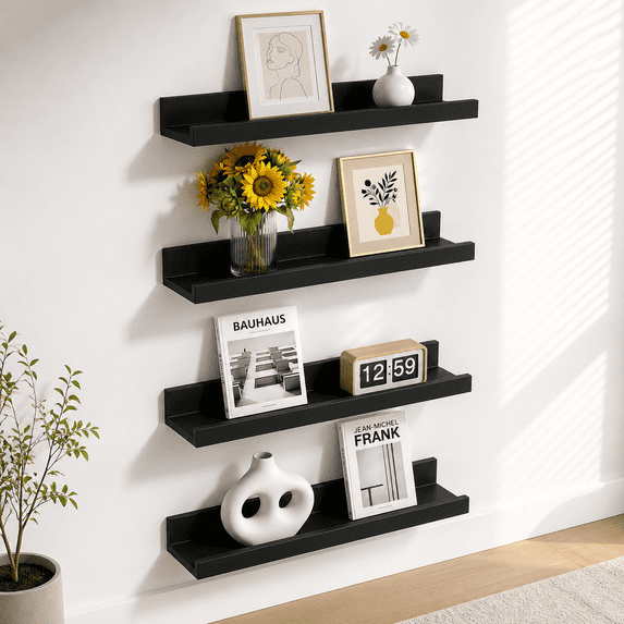 Pictsur 16 Inch Picture Ledge Shwith Lip Set Of 4 Black Floating Shelves For ...