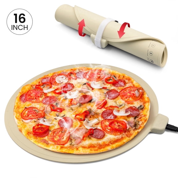16-Inch Round Food Warming Tray for Keeping Pizza Hot, Food-Grade Silicone Electric Food Warmer Mat, 17610 Temperature Control, 120V 130W Foldable Design, for Party, Family, Commercial (Beige)