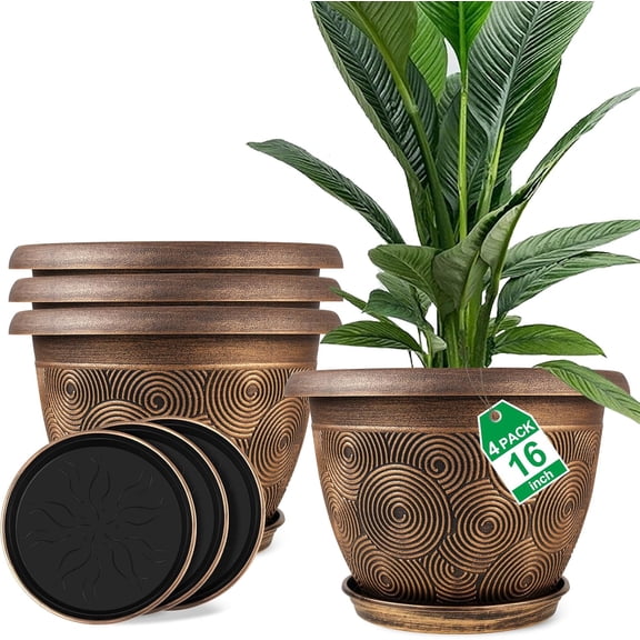 16 Inch Plastic Planter Pot with Drainage Hole and Tray 4 Pack Gold