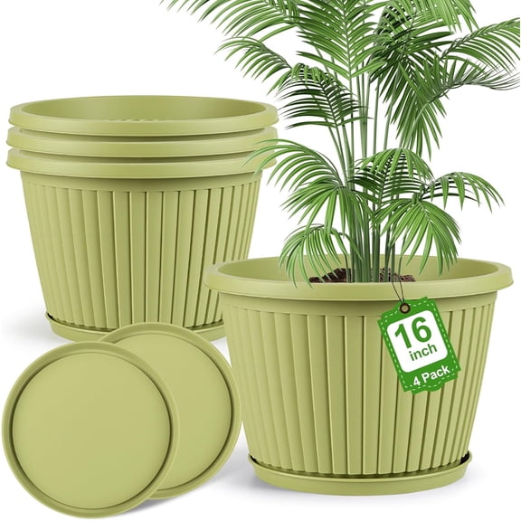 16 Inch Plastic Planters with Drainage Holes and Saucers 4 Pack Avocado Green