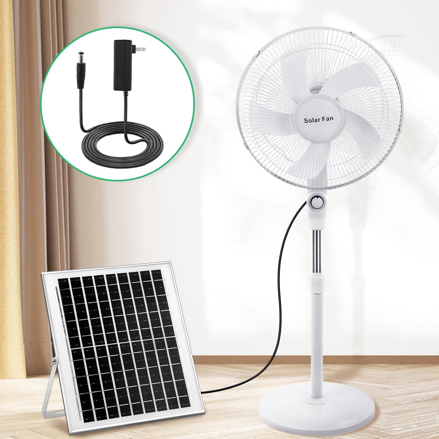 16 Inch Portable Solar Floor Fan Rechargeable Oscillating Standing Pedestal with Panel, 12000mah Battery, Two Charging Methods, 3 Speeds for Home Office Outdoor(White)