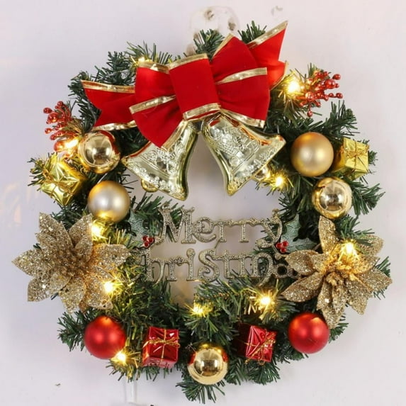 16 Inch Pre-Lit Christmas Wreath with Metal Hanger, Large Red Bow and Colored Balls, Battery Operated with Warm White 15 LEDs Lights, Front Door Spruce Lighted Wreath X-max Decorations