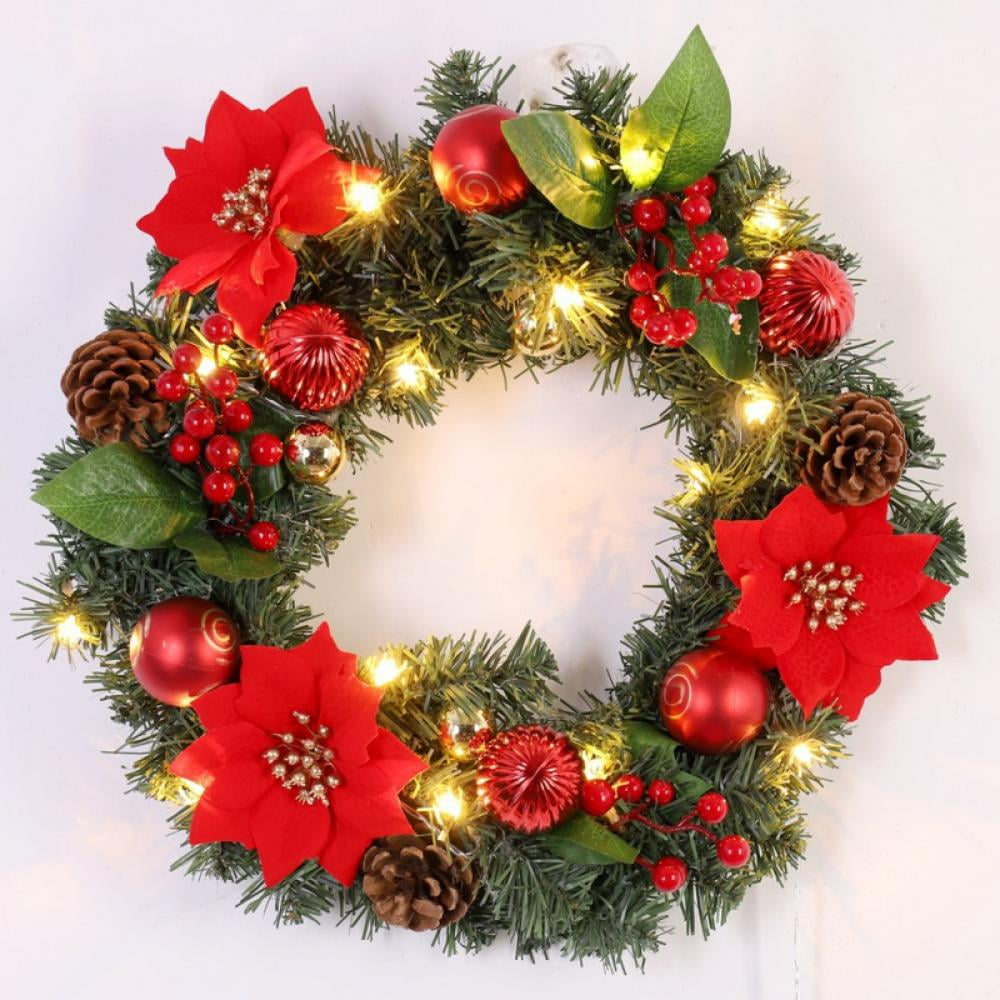 16 Inch PreLit Christmas Wreath with Metal Hanger, Large Red Bow and