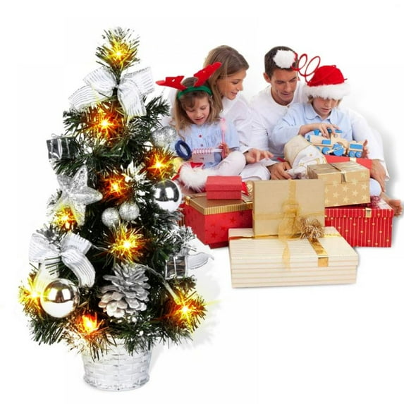 16 Inch Pre-lit Mini Christmas Tree, Table Top Artificial Christmas Trees with Yellow Lights For Home Office Party Decration