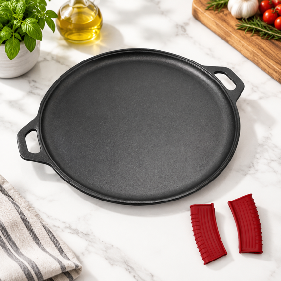16 Inch Pre-seasoned Cast Iron Round Griddle Pizza Pan with Silicone Handles for Baking, Grill, BBQ