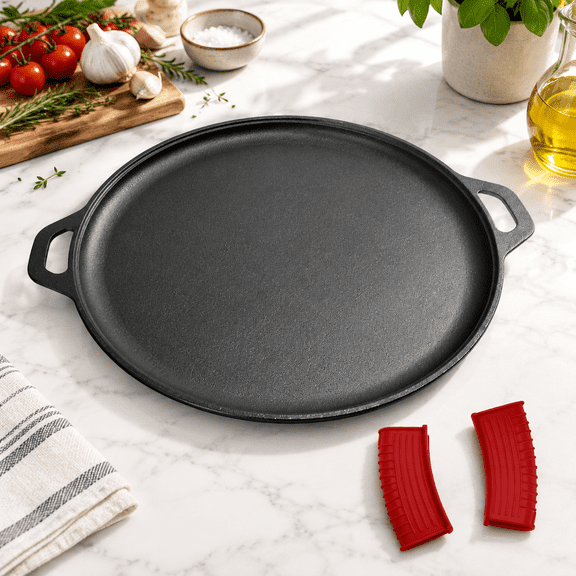 16 Inch Pre-seasoned Cast Iron Round Griddle Pizza Pan with Silicone Handles for Baking, Grill, and BBQ