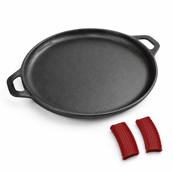 16 Inch Pre-seasoned Cast Iron Round Griddle Pizza Pan with Silicone Handles for Baking, Grilling, and BBQ