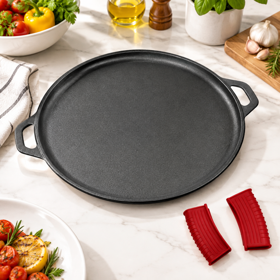 16 Inch Pre-seasoned Cast Iron Round Griddle Pizza Pan with Silicone Handles for Baking, Grilling, and BBQ