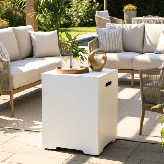 16-Inch Propane Tank Cover Table 20 lb Outdoor Hideaway Storage in Ancient White, Concrete-Style Side Table with Handles & Hose Hole
