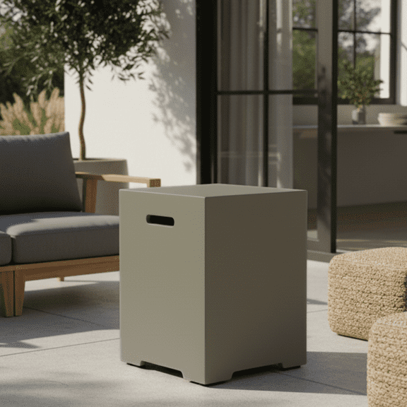 16-Inch Propane Tank Cover Table 20 lb Outdoor Hideaway Storage with Side Handles, Aqua Grey Concrete-Style Side Table for Fire Pit or Grill